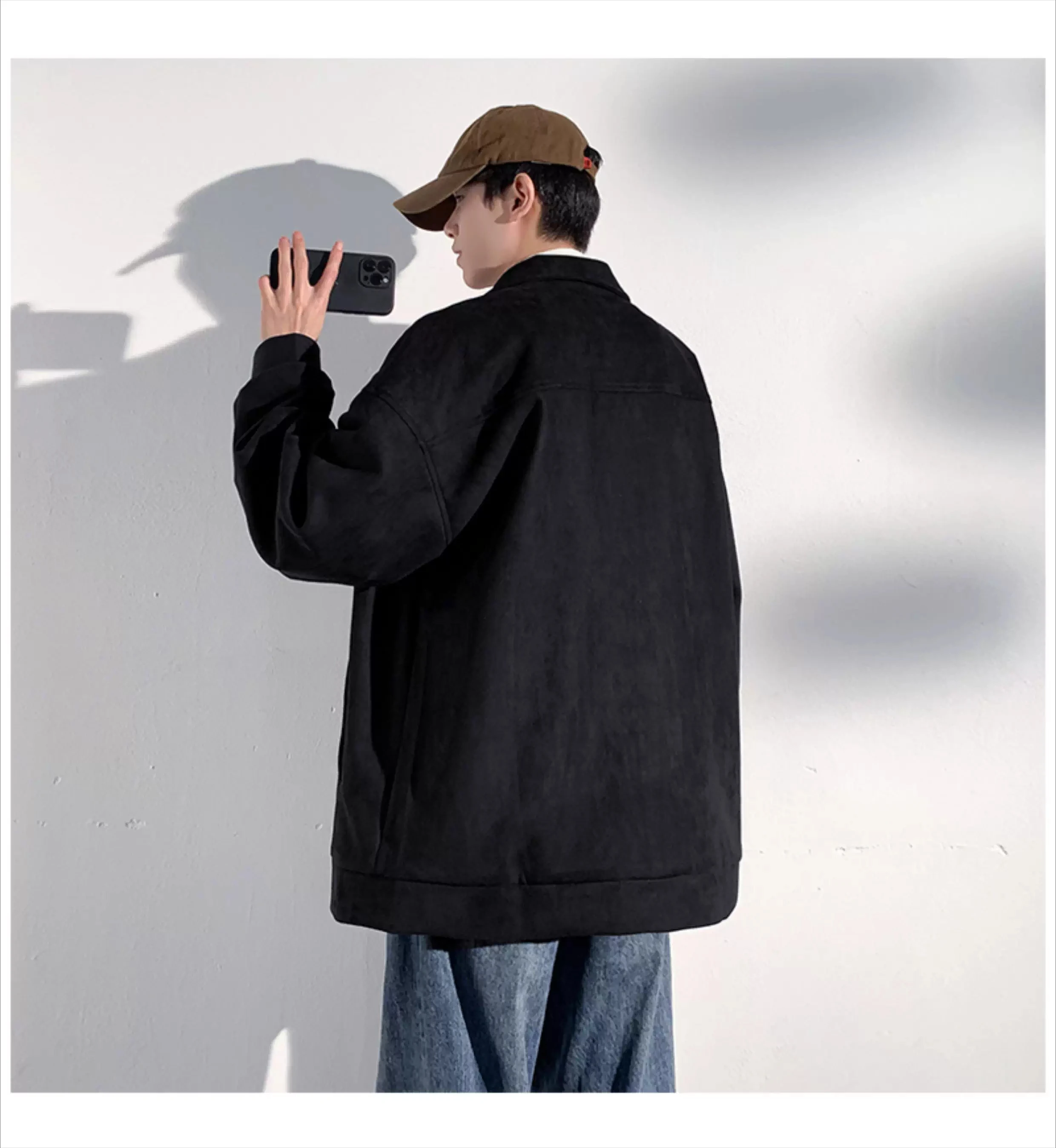 2025 Spring and Autumn New Black Suede Workwear Jacket Men's Casual Loose Coffee Color Apricot Color Open Button Jacket