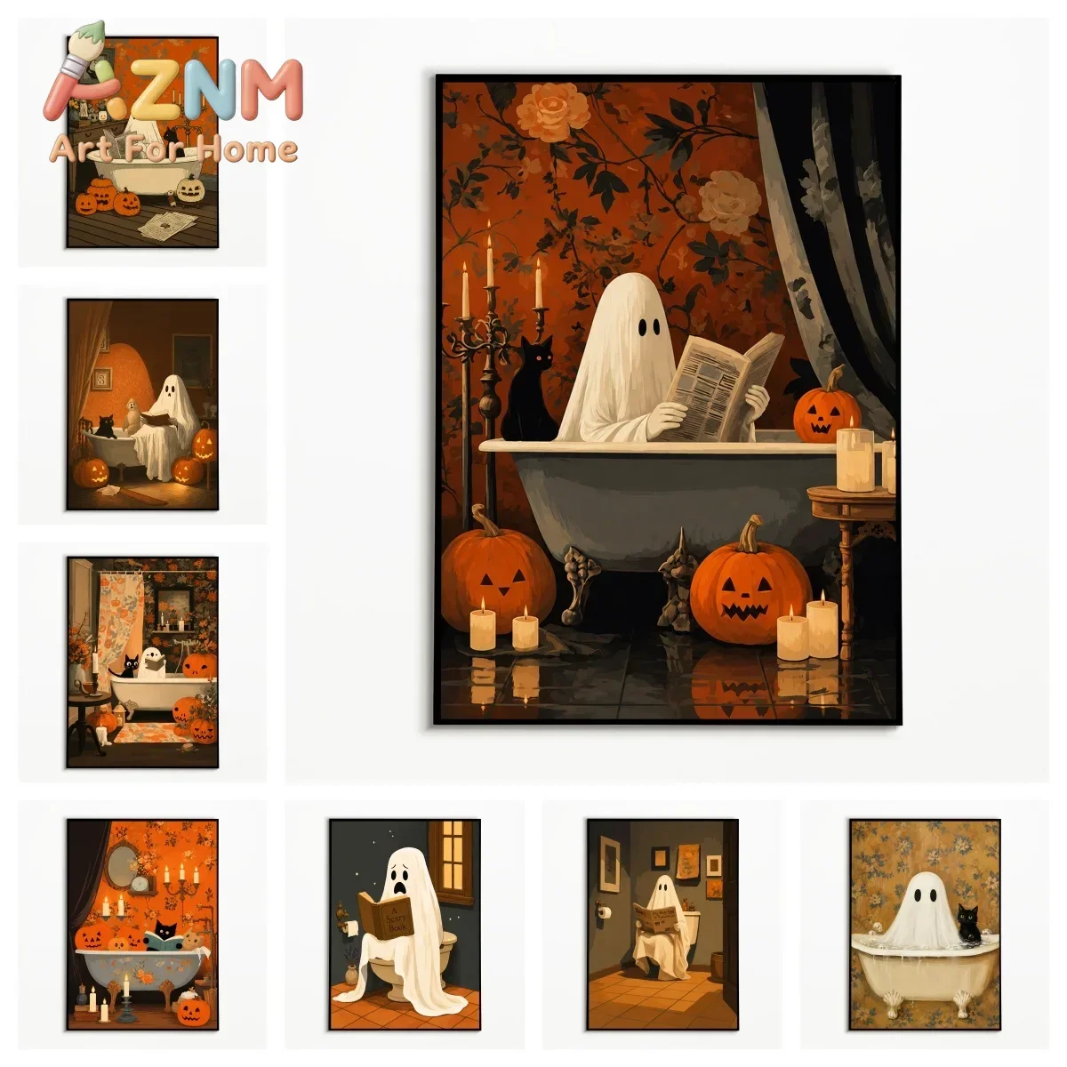 1PC Bathroom Fun Ghost Reading Newspaper Poster  Black Cat Pumpkin Wall Art  Autumn Halloween Toilet Canvas Printing  Fall Gift