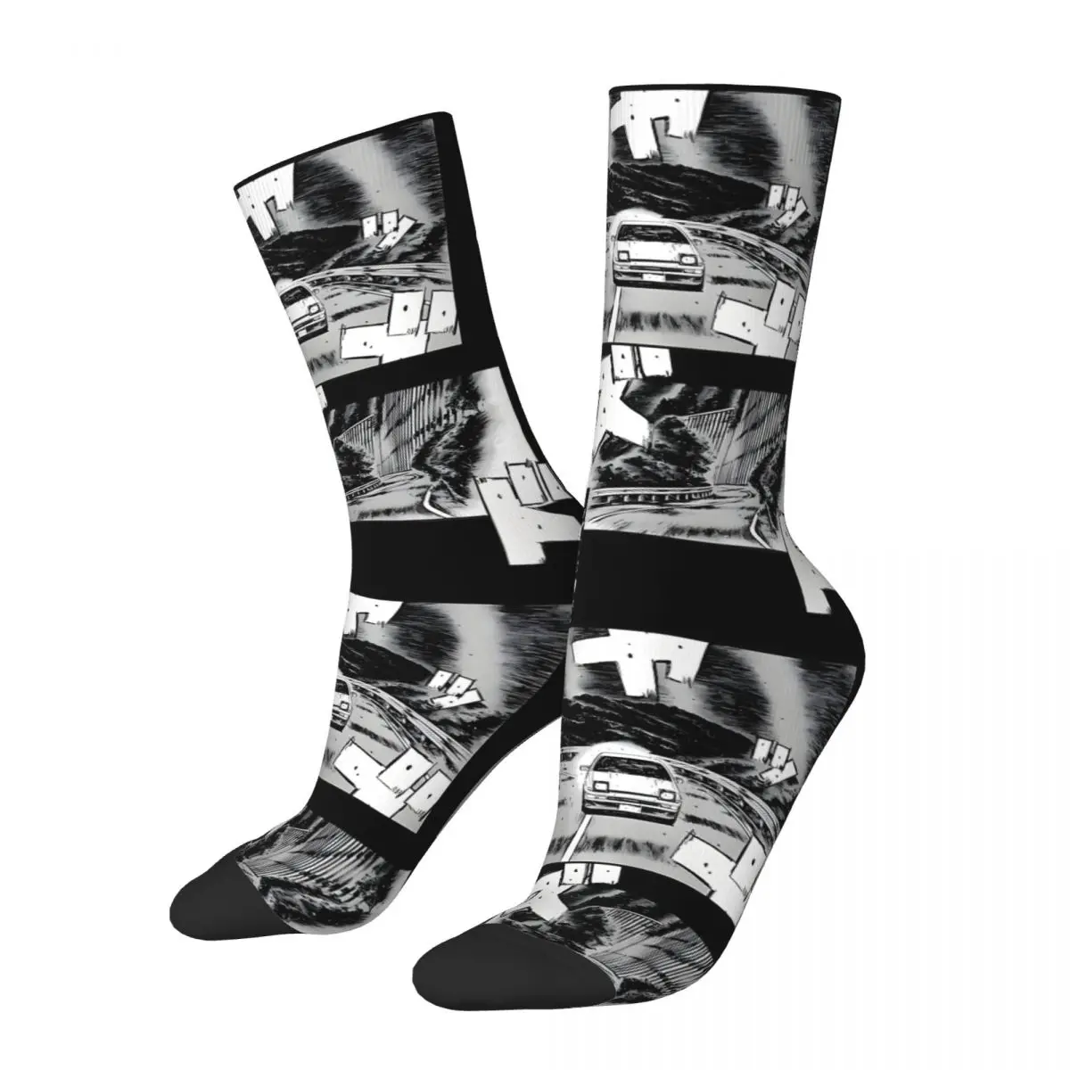 Funny Happy Men's compression Socks Initial D Manga Print Sticker Retro Harajuku Initial D Street Style Novelty Casual Crew