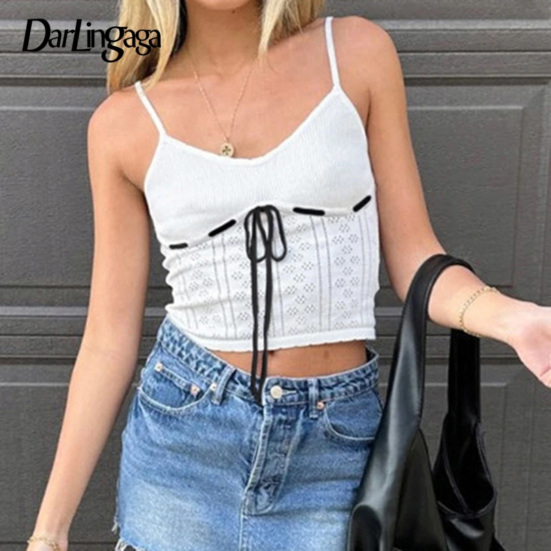 

Darlingaga Holiday Style Floral Texture Slimming Camisole Women Summer Lace-Up Decorated All Match Cropped Top Patchwork Clothes