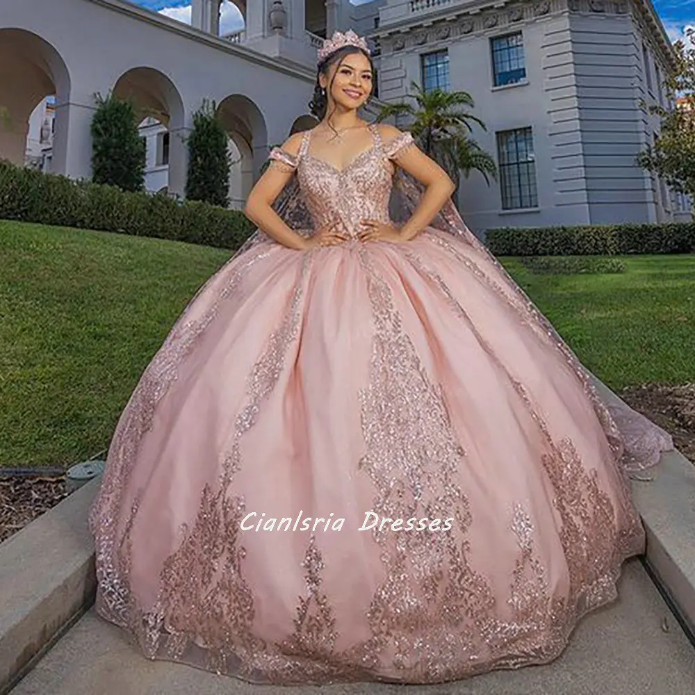 Apliques de cristal rosa vestido de baile aberto, vestidos sem mangas Quinceanera, capa destacável, querida, 15 e 16 anos