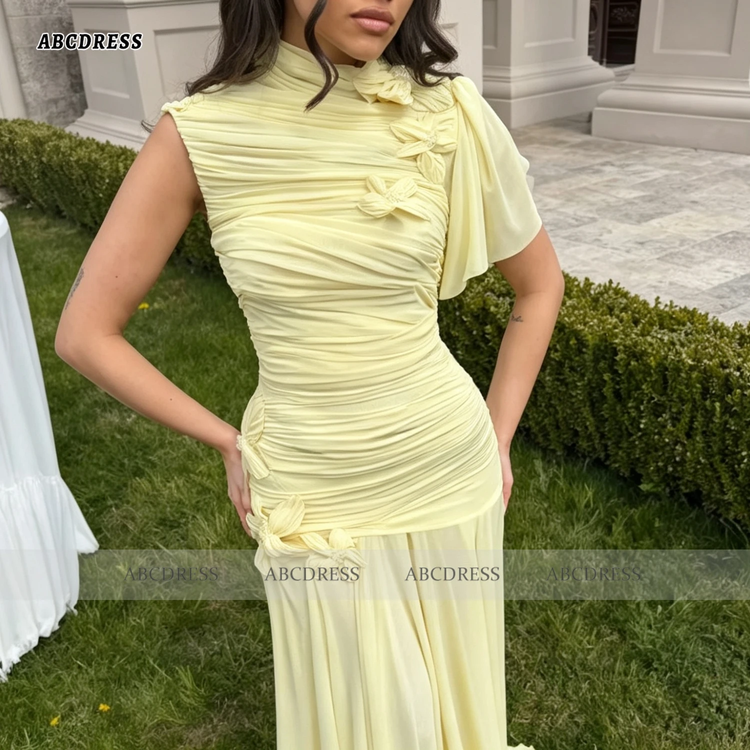 ABC Customized Yellow Chiffon Backless Prom Dress Floor-length Sleeveless vestidos de noche High Neck 3D Floral Evening Dresses