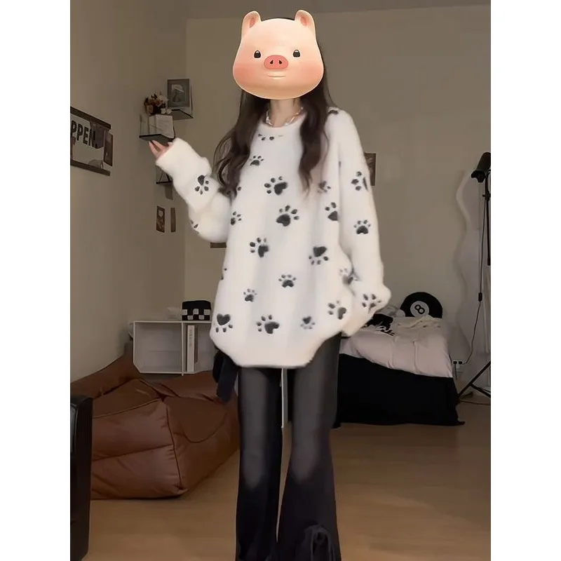 

Preppy Kawaii Print Long-sleeved Sweater Winter New Round Neck Design Sense Knitwear Women's Fashion Loose Casual Clothing