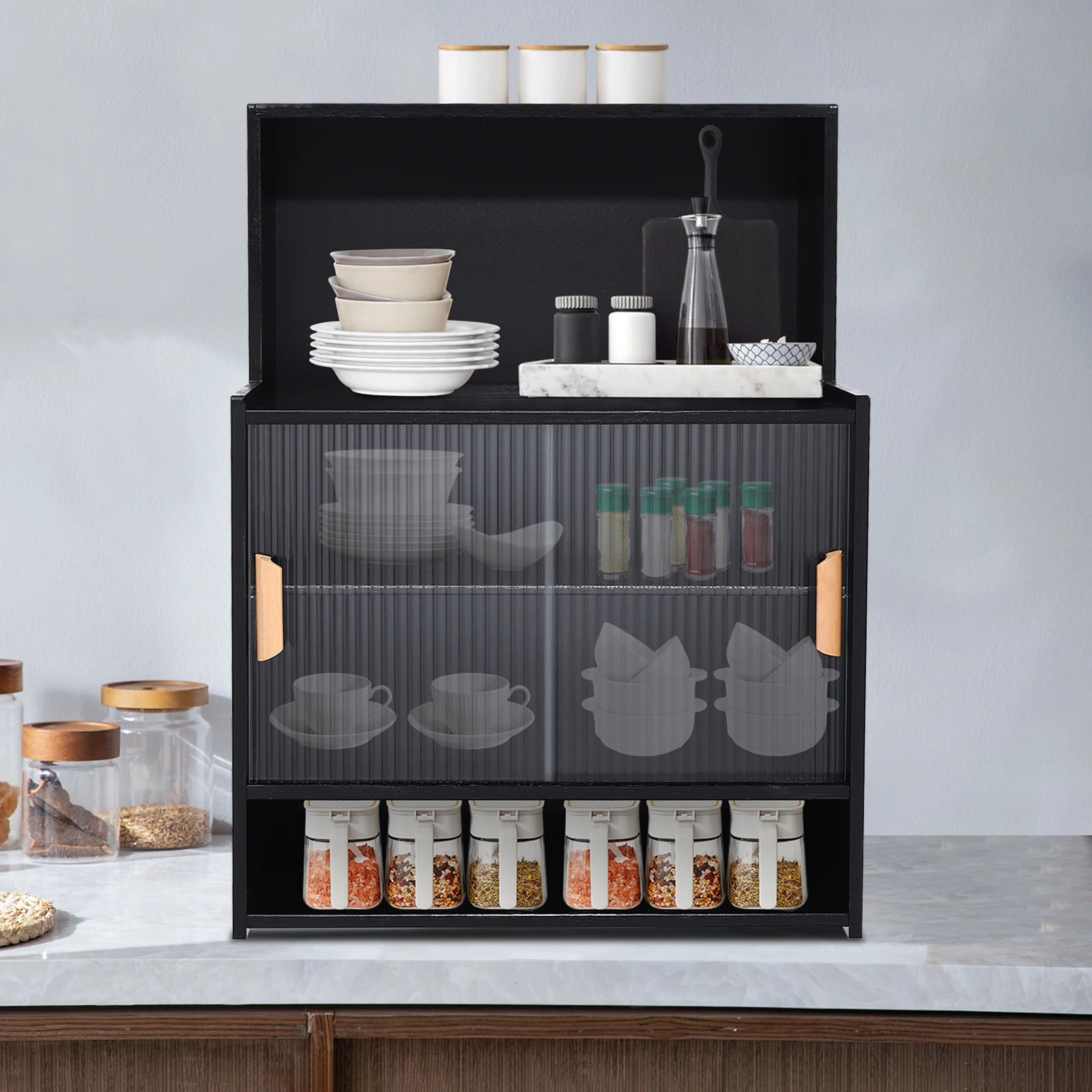

Black Modern Kitchen Pantry Cabinet with Adjustable Shelves & Glass Doors - 21.6"x11"x29.1" Freestanding Storage Shelf