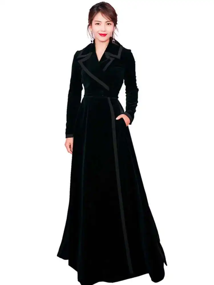 

Winter Runway Velvet Maxi Coat Women Vintage Notched Collar Wrap Black Thick Warm Long Trench Coat Outwear