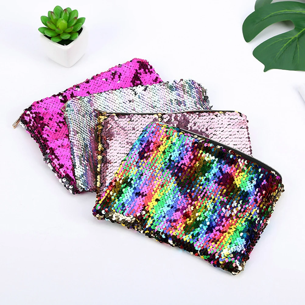 

Trendy Glitter Sequin Pencil Pouch Zipper Makeup Bag for Girls Stylish Stationery Organizer Rainbow Design