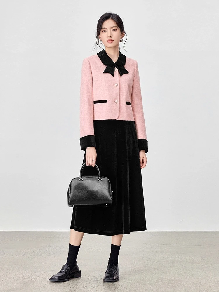 

SENTUBILA Women's Skirt Set 2025 Autumn Turn-Down Collar Long Sleeve Short Coat Velvet A-line Skirt Skirt 2 Piece Sets Q53ZB3561
