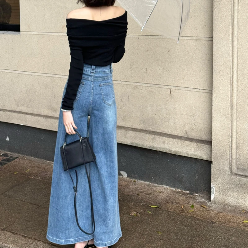 Super Wide Leg Jeans Skirt Women Spring Summer Baggy Trousers Korean Version Highrise Slimming Design Sense Moploose Denim Pants