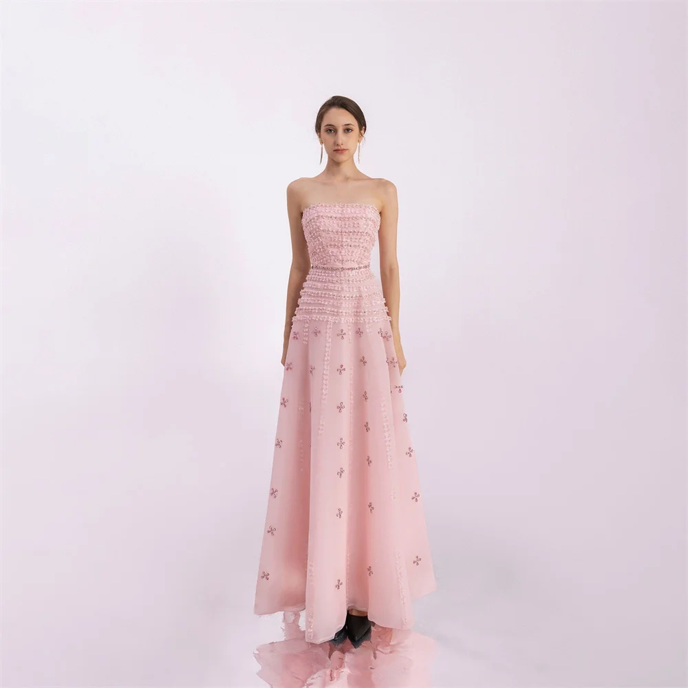 Customized Saudi Arabia Prom Dress Evening Strapless A-line Ankle Length Sequin Skirts Vertically Tulle Draped Flower Embroidery