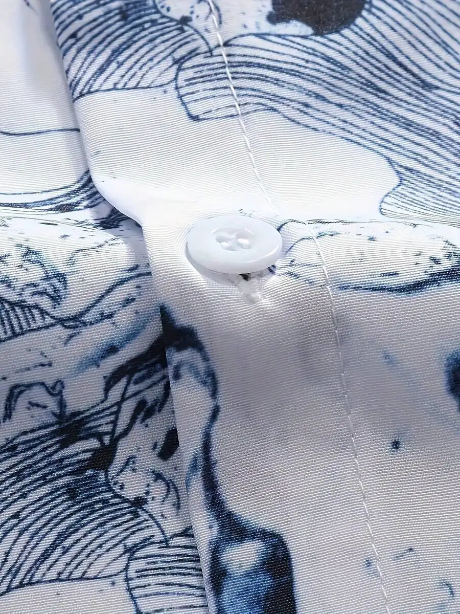 

Mens Blue Ink Marble Pattern Button Down Shirt Lightweight Polyester Spandex Short Sleeve