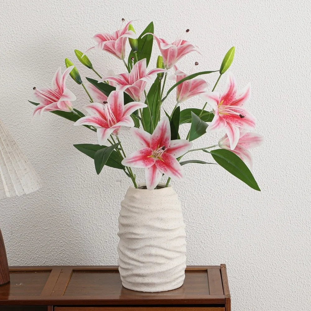 2-head Artificial Lily Flowers Real Touch Pink Artificial Faux Plants Multi-Bloom White Simulation Decorative Bouquet Home Decor