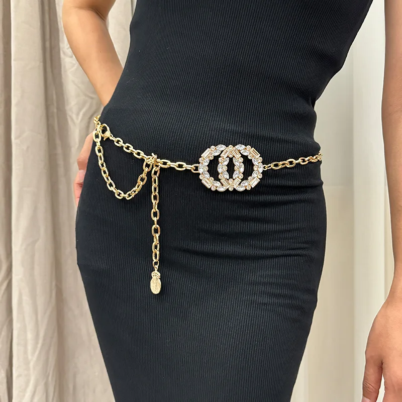 Designer Rhinestone Gold Circle Waist Chain Belt Female High-end Luxury Brands Punk Gothic Y2K Belts For Women Silver Waistband