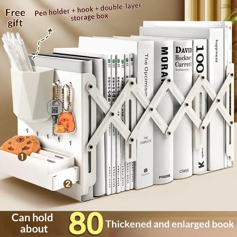 1PcAdjustable Expandable Book Organizer With Pen Holder And Hooks Holds 80 Books Perfect For Student Home Office Desktop Storag