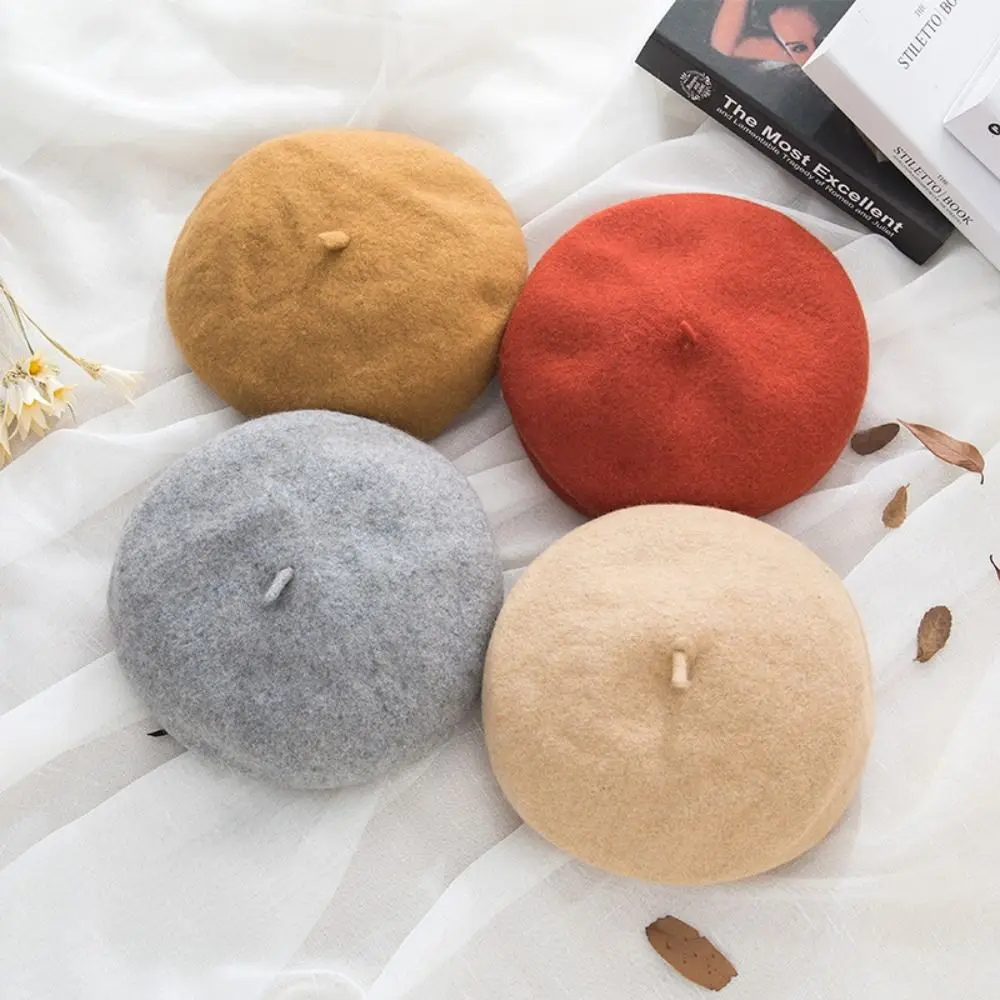 

Elegant Plush Women Wool Beret Elastic Warm Painter Cap Sweet Solid Color Artistic Hat Winter