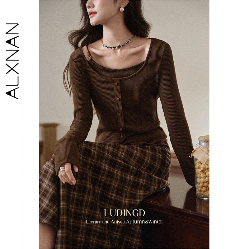 ALXNAN المرأة الخريف سترة 2025 البني خمر أنيقة بلوفر مغزول كاذبة طبقتين طوق غير المتماثلة هيم تريكو L569116 #5