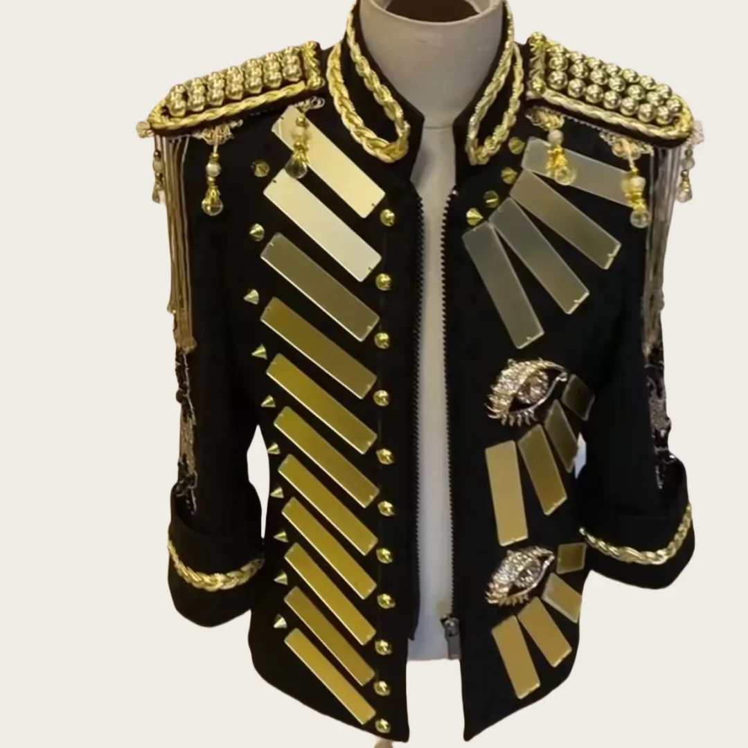 Royal Style Gold Metal Rivet Lens Slim Jacket Men Banquet Wedding Embroidery Dress Bar Club Stage Show Performance Coat