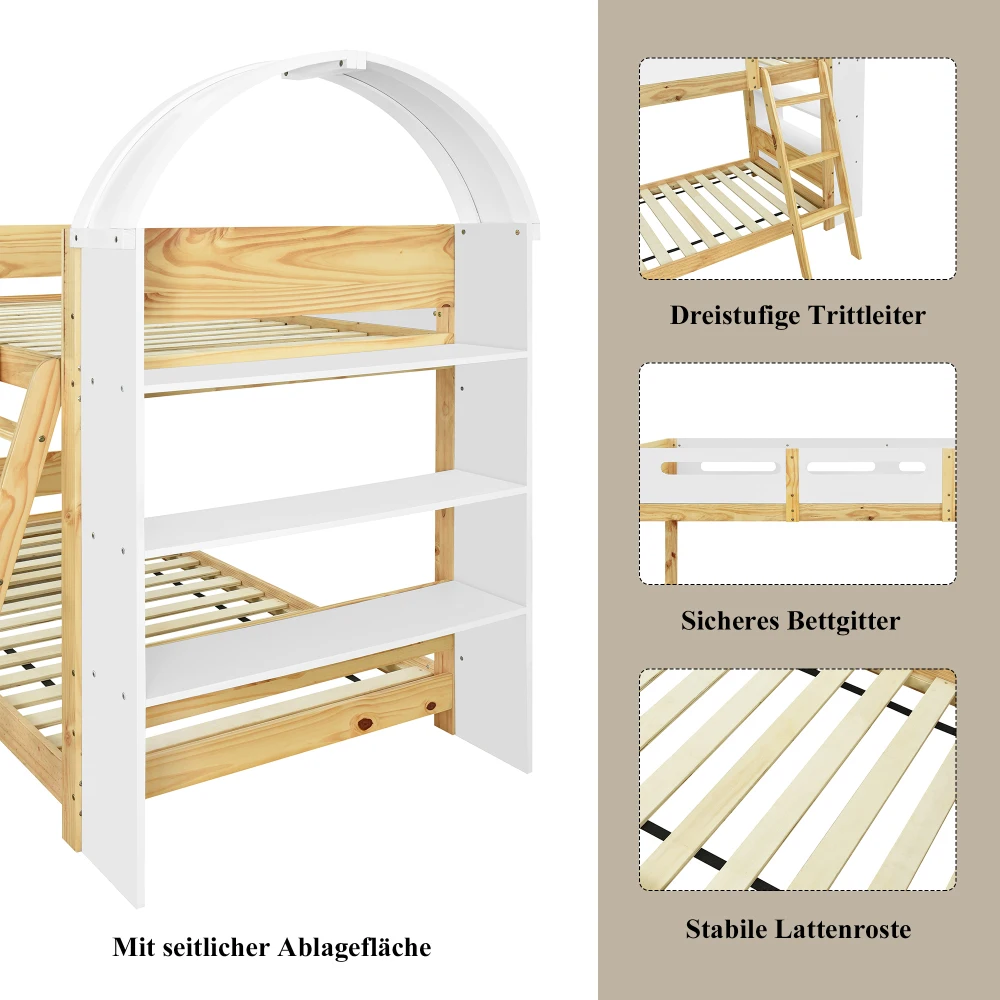 Kinder-Etagenbett mit 3-stufigem Regal, 3-stufiger Leiter und Sicherheitsgitter – stabile Lattenrostkonstruktion, geeignet für Kinderzimmer (ohne Matratze). – Detail 9