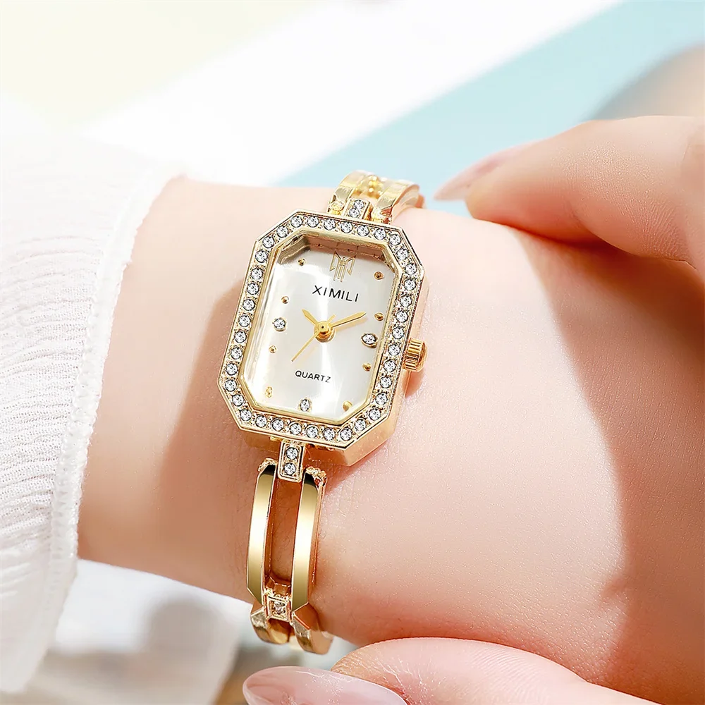 Luxe Strass Vrouwen Horloges Elegante Rechthoek Roestvrij Staal Gouden Armband Dames Quartz Horloge (Zonder Doos)