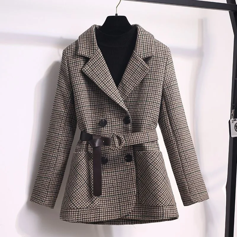 2023 Autumn Winter Fashion Women Jacket Houndstock Office Lady Small Fragment Short Jacket Turn Down Collar Belt Cotton Jackets