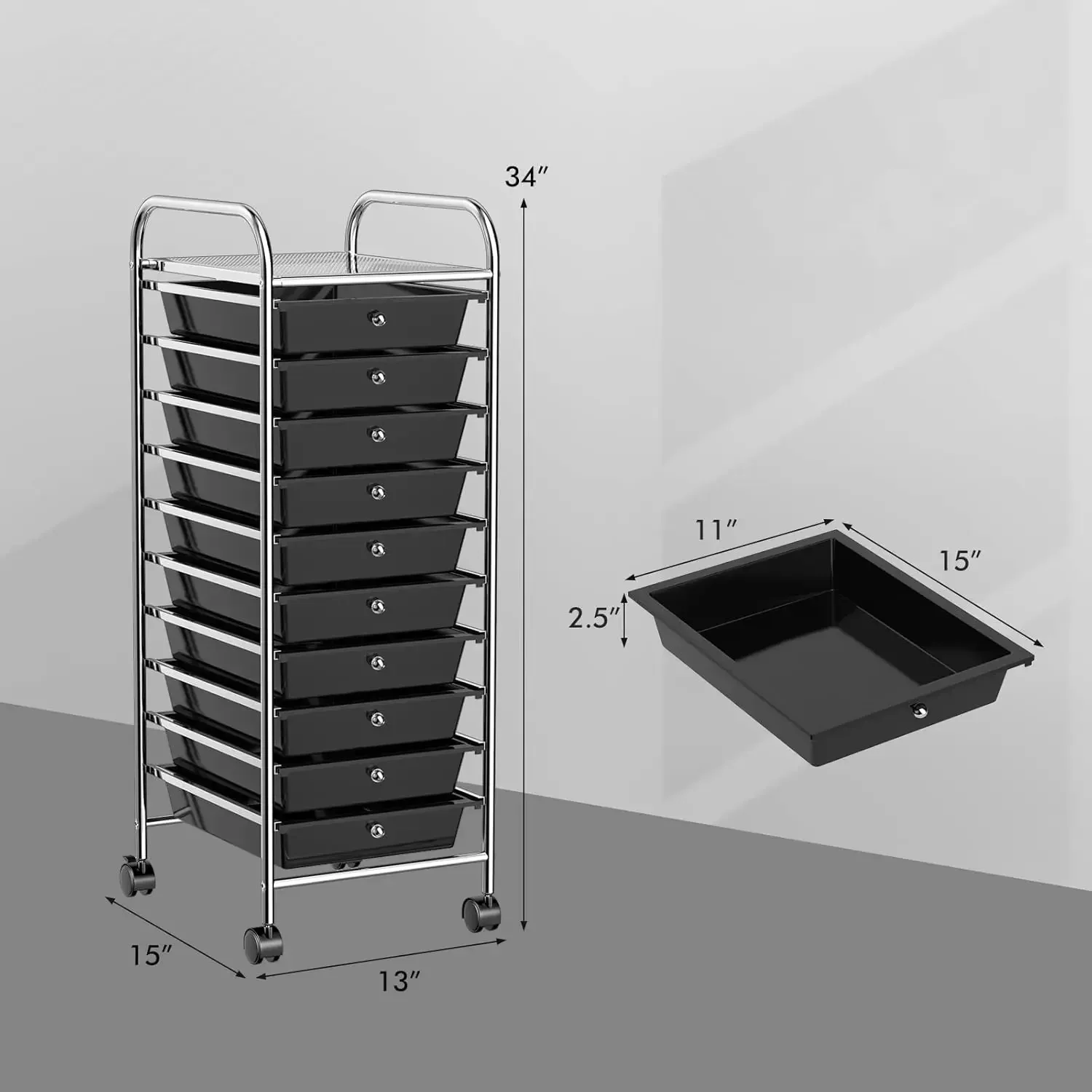 Storage Cart, Rolling Utility Cart with 10 Drawers, Portable Handles & Lockable Wheels, Mobile Paper Toys Storage Organizer Larg