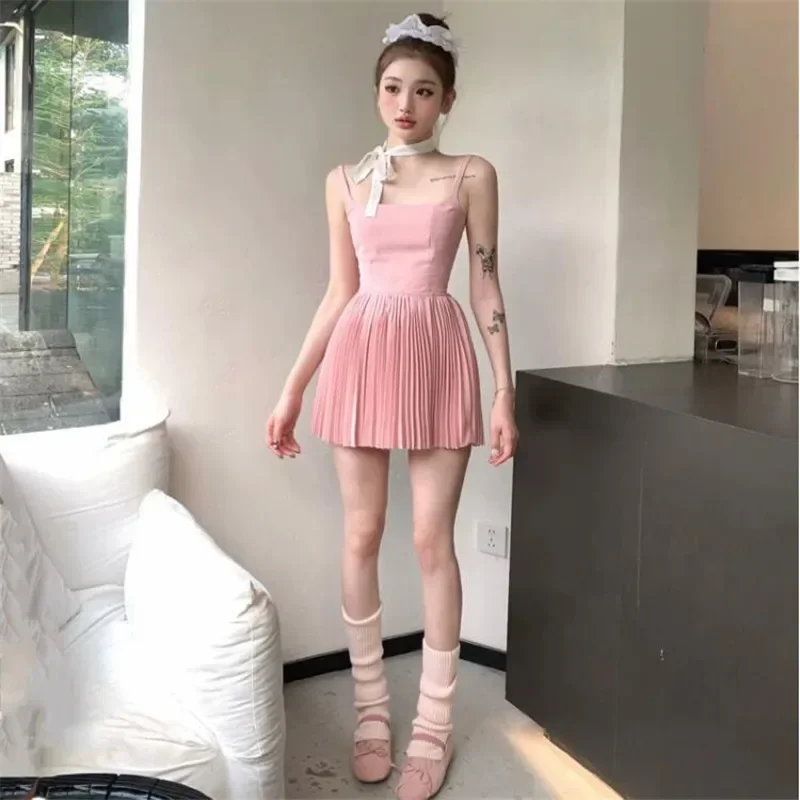 Y2k Hotsweet Girl Pleated Little Pink Dress Sleeveless Fashion Slash Neck Ballet Strap Dress Summer Sexy Suspender Mini Dress