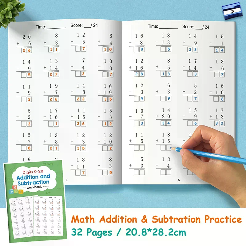 

32 Pages Children's Math Enlightenment Workbook Addition And Subtraction Within 20 Mental Arithmetic Problems Activity Workbook