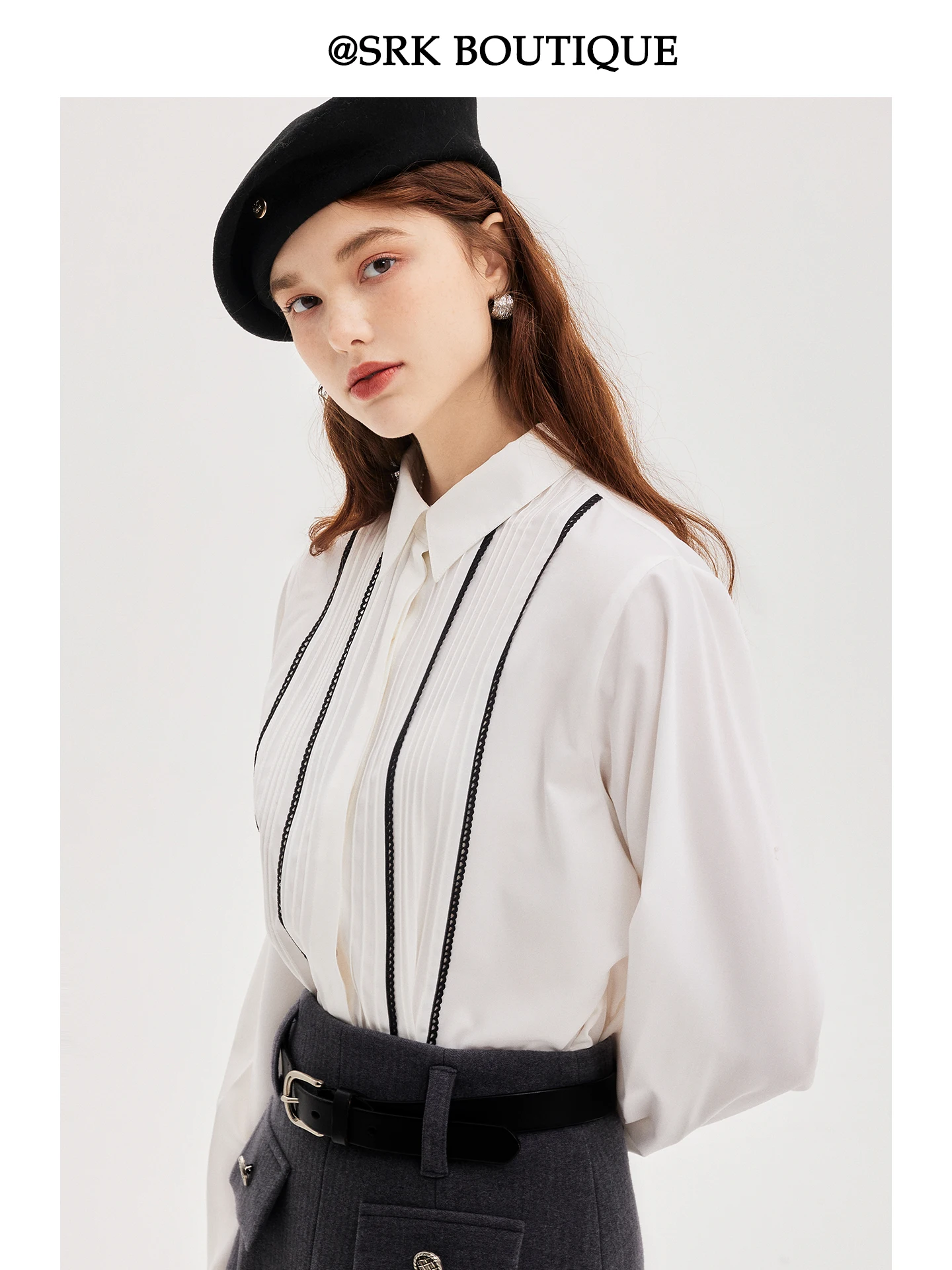 

SRK Commute White Women's Long Sleeve Striped Shirt 2026 New Design Loose Fit Polyester Blend Comfortable Breathable Neck