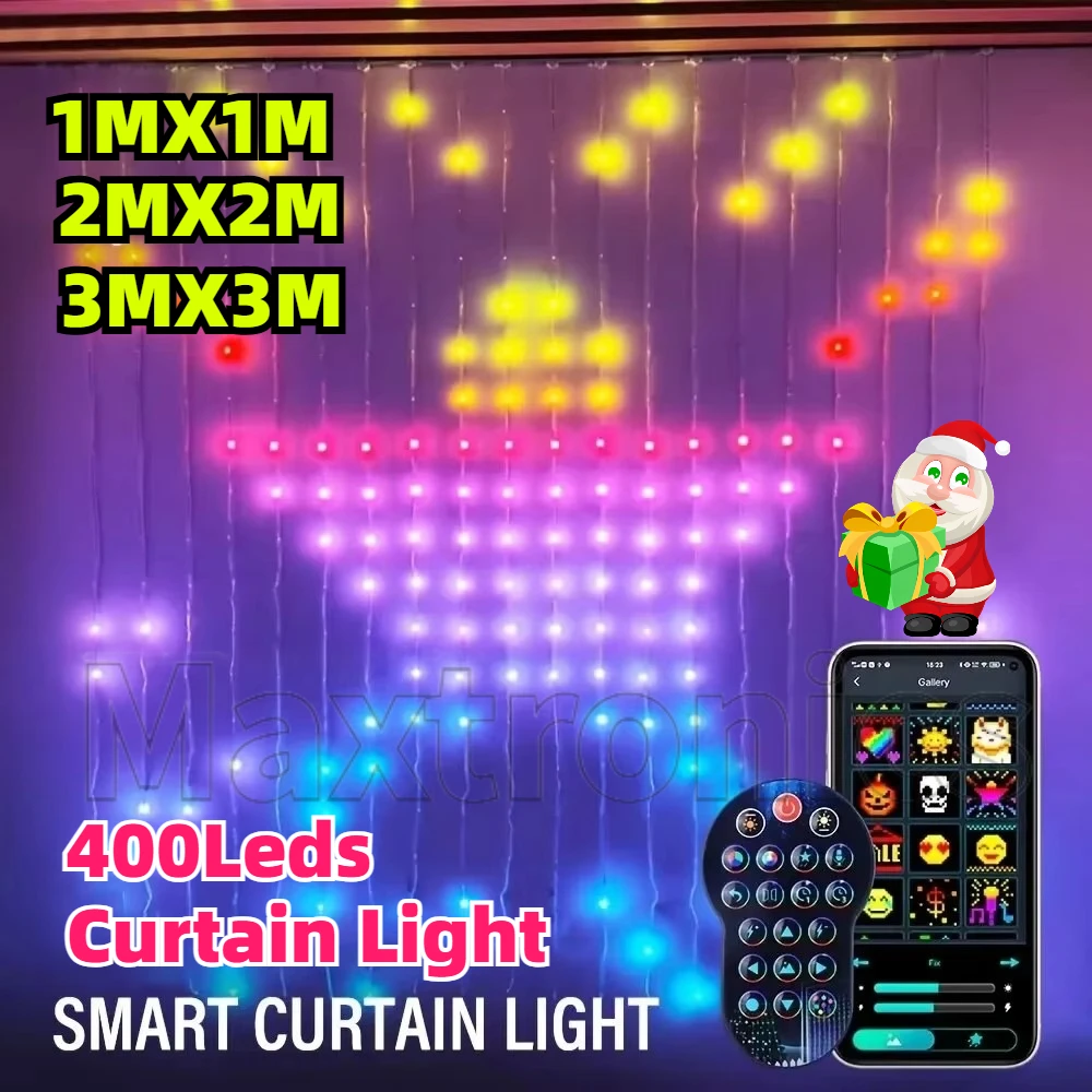 

400LED Smart Curtain Lights, RGBIC Color Changing Christmas Lights String Dimmable DIY Patterns with Music for Bedroom Courtyard