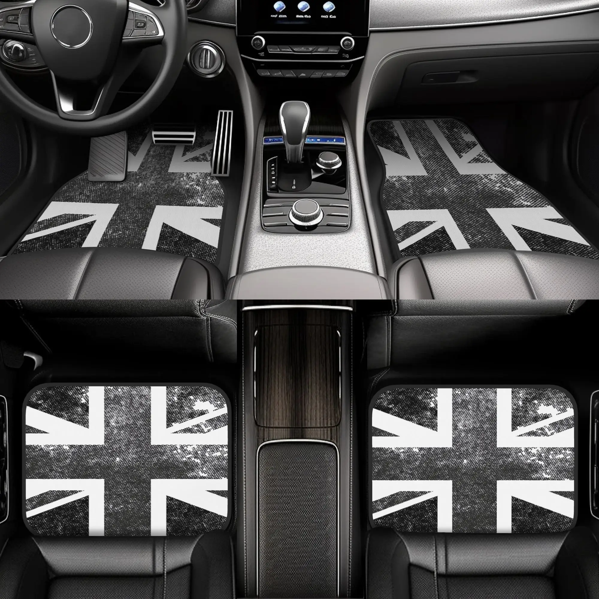 4pcs Black Union Jack Retro Car Floor Mats - Durable Polyester Fiber, Playful Design & Long-Lasting Interior Vehicle Accessories