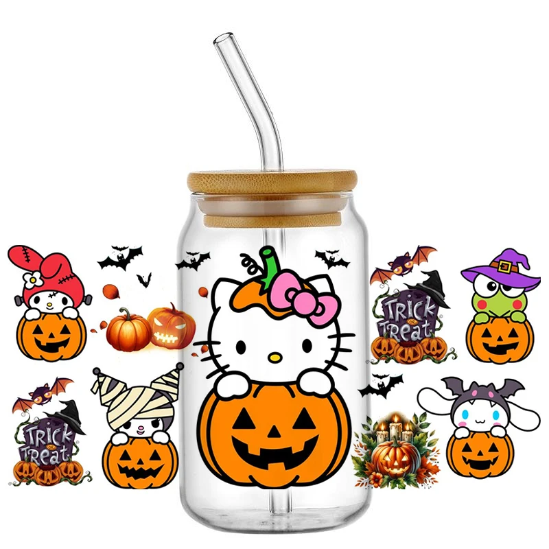 

Miniso New Popular Kuromi Kitty Halloween Pumpkin Head Cartoon UV DTF Cup Mug Wraps Sticker DIY 3D Deca For 16oz Libbey Glass