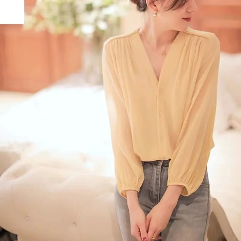 Women's Spring Autumn V-Neck Button Lantern Long Sleeve Cardigan Solid Chiffon Shirt Casual Elegant Loose Vacation Lolita Tops