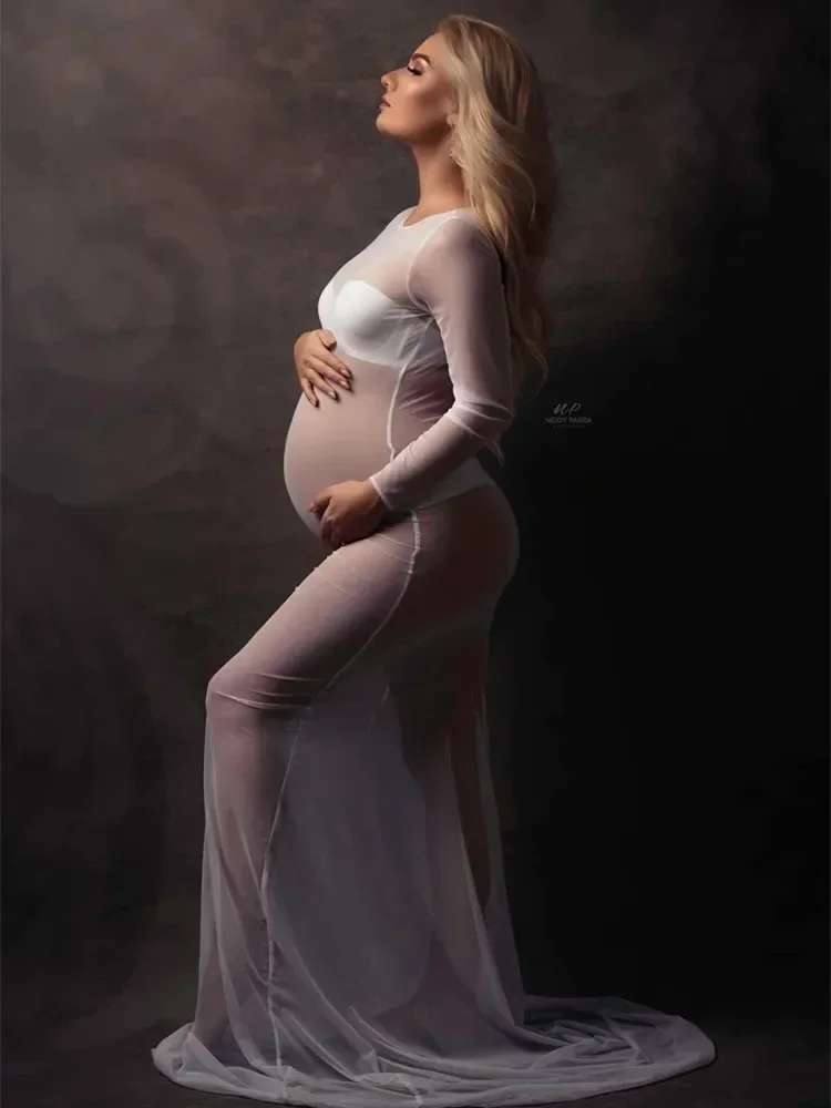 

Sexy Perspective Pregnant Women's Dress For Photography Tulle Maternity Baby Shower Dresses Long Pregnancy Photo Shooting Gowns