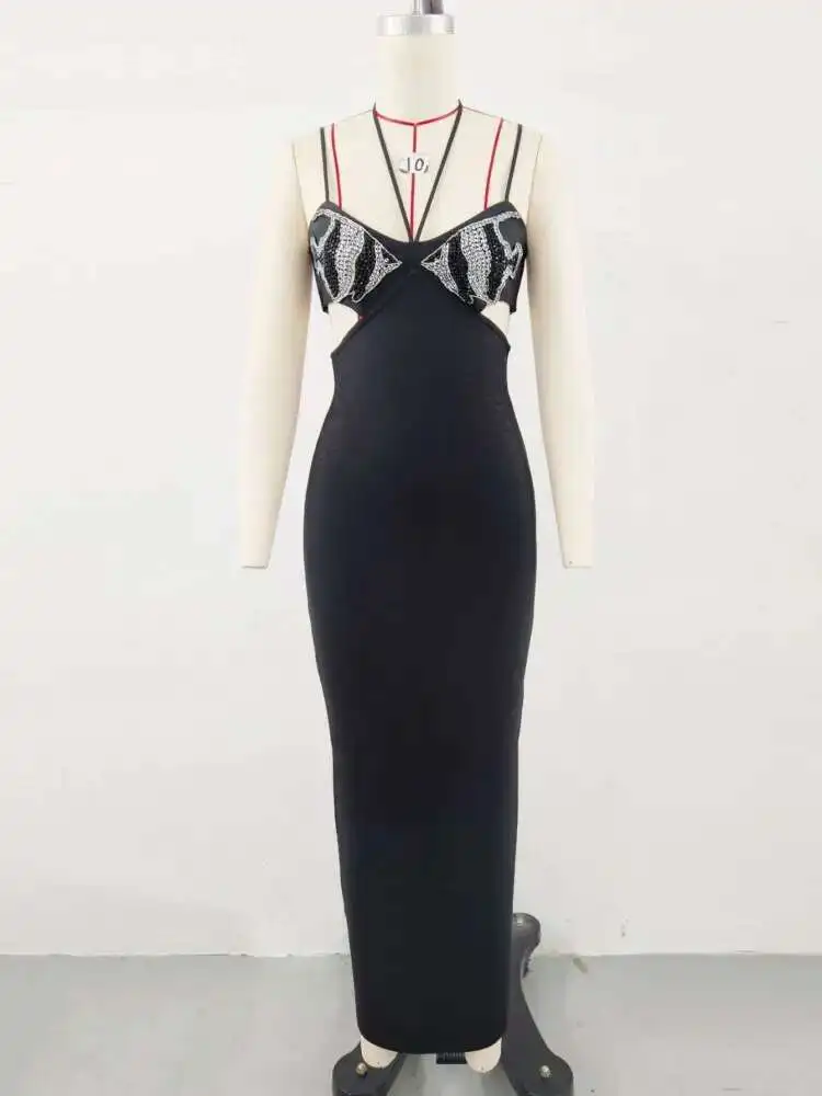 LEOSOXS 2025 女性セレブセクシーなノースリーブキラキラダイヤモンドカットアウトマキシロングブラックドレスエレガントなイブニングクラブパーティー衣装