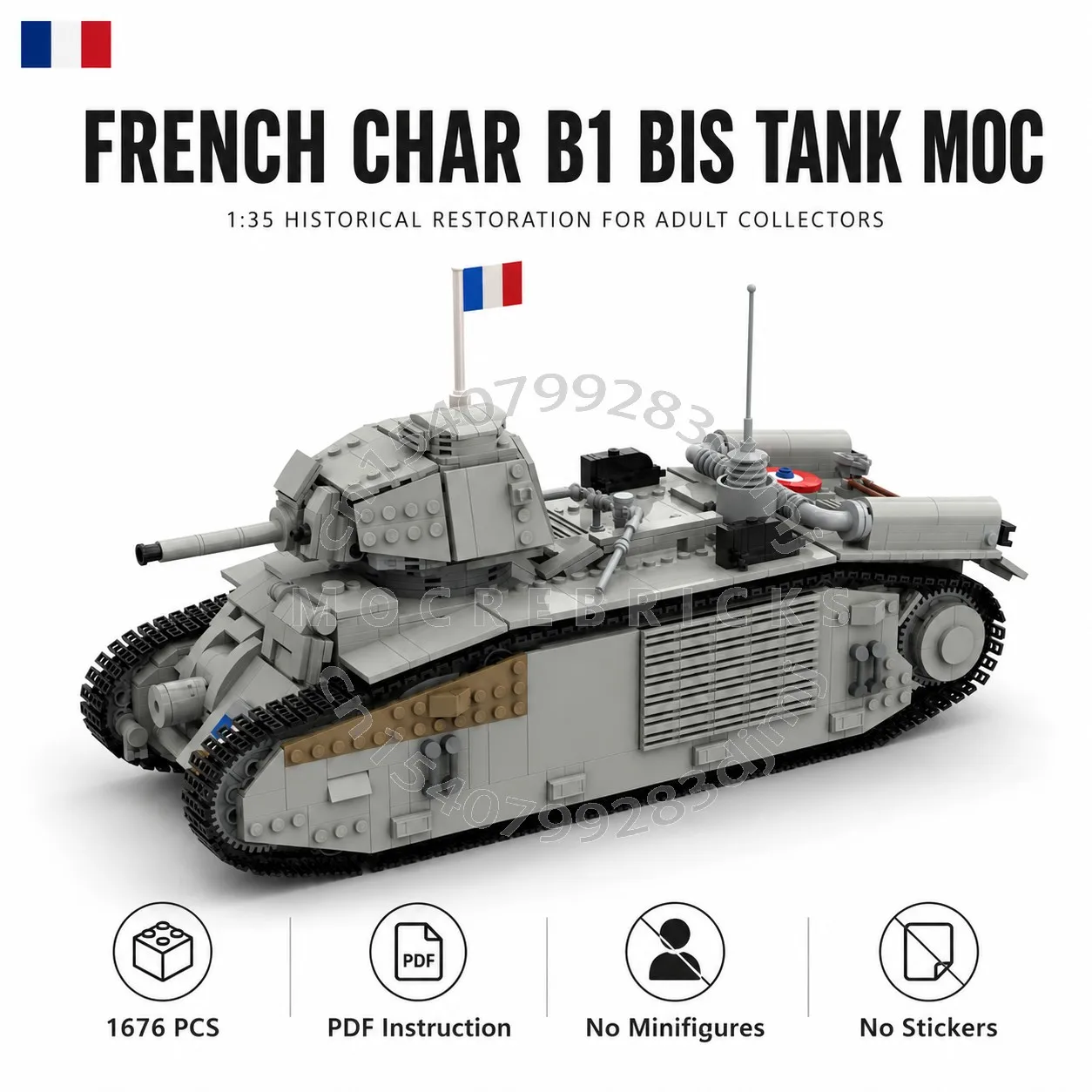1676PCS MOC Tanque Pesado Francês B1 Bis, Blocos de Montar, Veículo com Esteiras, Brinquedos de Modelo de Carroça Pesada, Presente para Adultos e Homens
