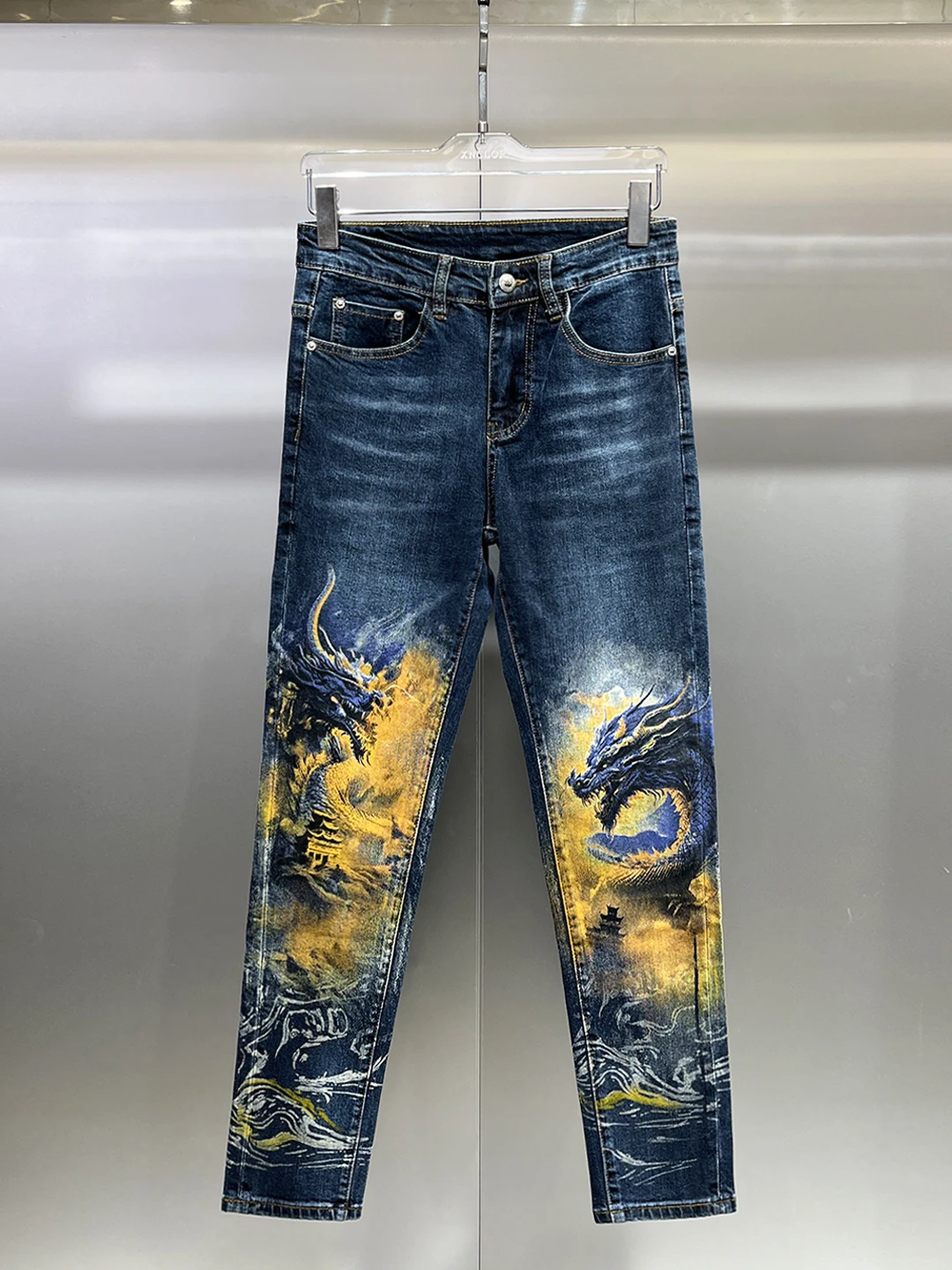 

Slim Fit Printed Dragon Pattern Jeans Men's Elastic Cuff Long Pants Sli Casual Trousers for Autumn Winter Trendy Long Jeans