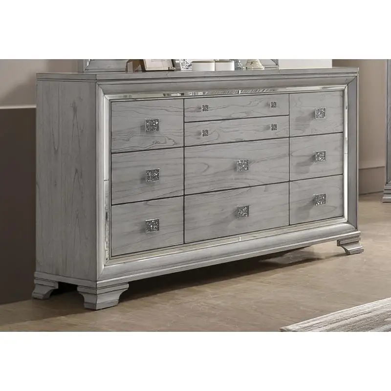 Contemporary 6-Drawer Dresser with Jewelry Tray and Mirrored Accents, Light Gray-Brown Finish, Solid Wood Bedroom Furniture