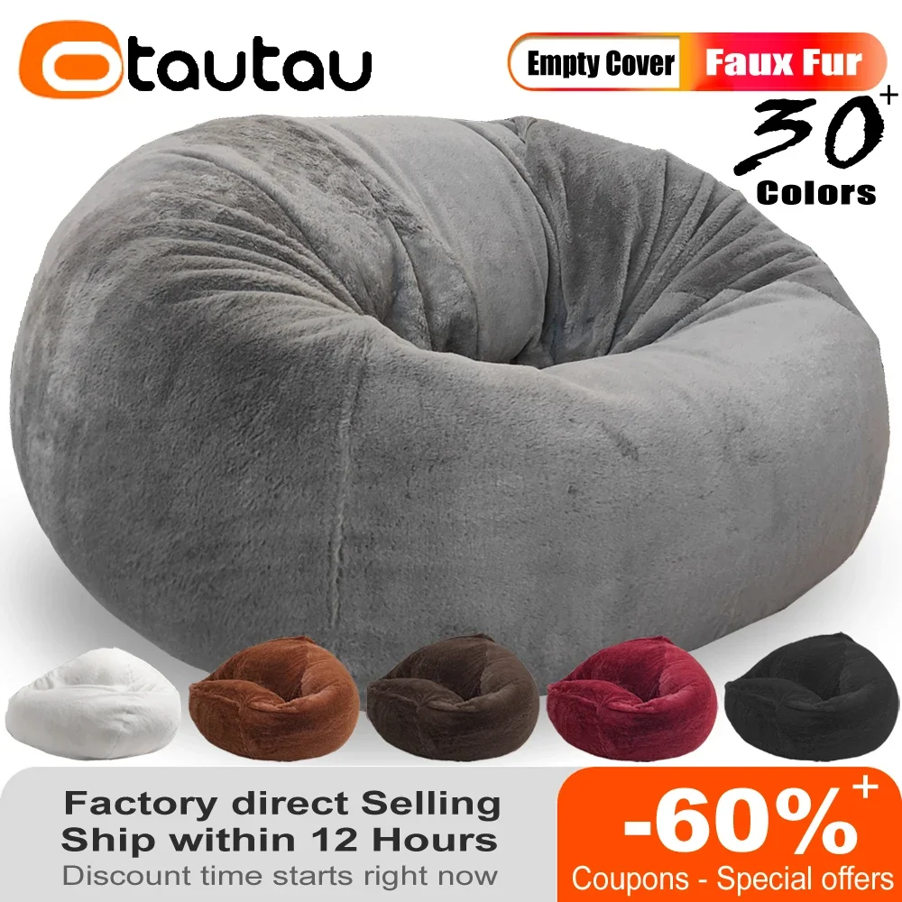 OTAUTAU Factory Custom 2/3/4/5ft Fluffy Fur Pouf Sofa Cover Bean Bag Chair Couch Beanbag Ottoman Relax Lounge Futon Puff DD003