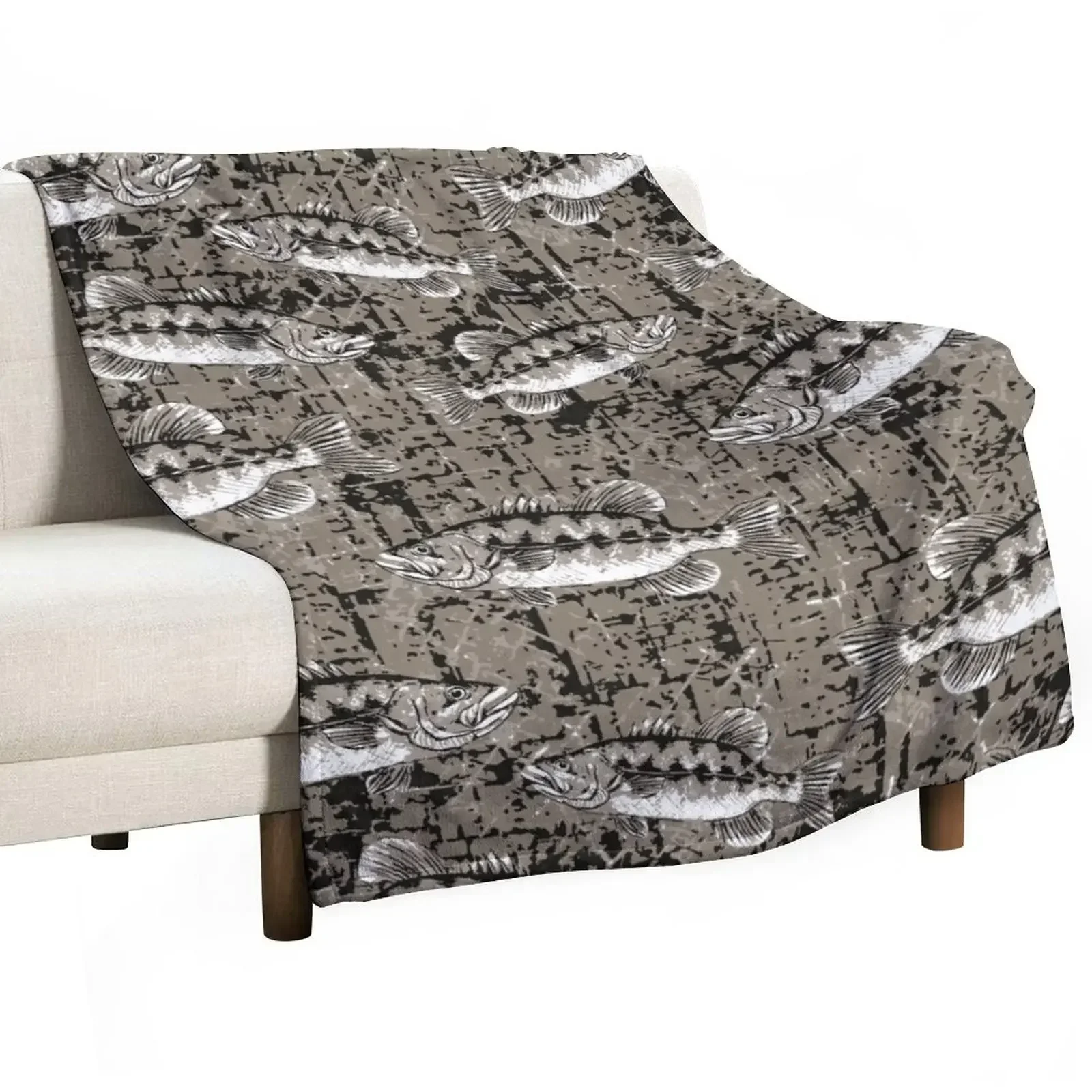 Monochromatic Largemouth Bass Camo Pattern - Bark Brown Throw Blanket Sofa Soft Plush Plaid Blankets