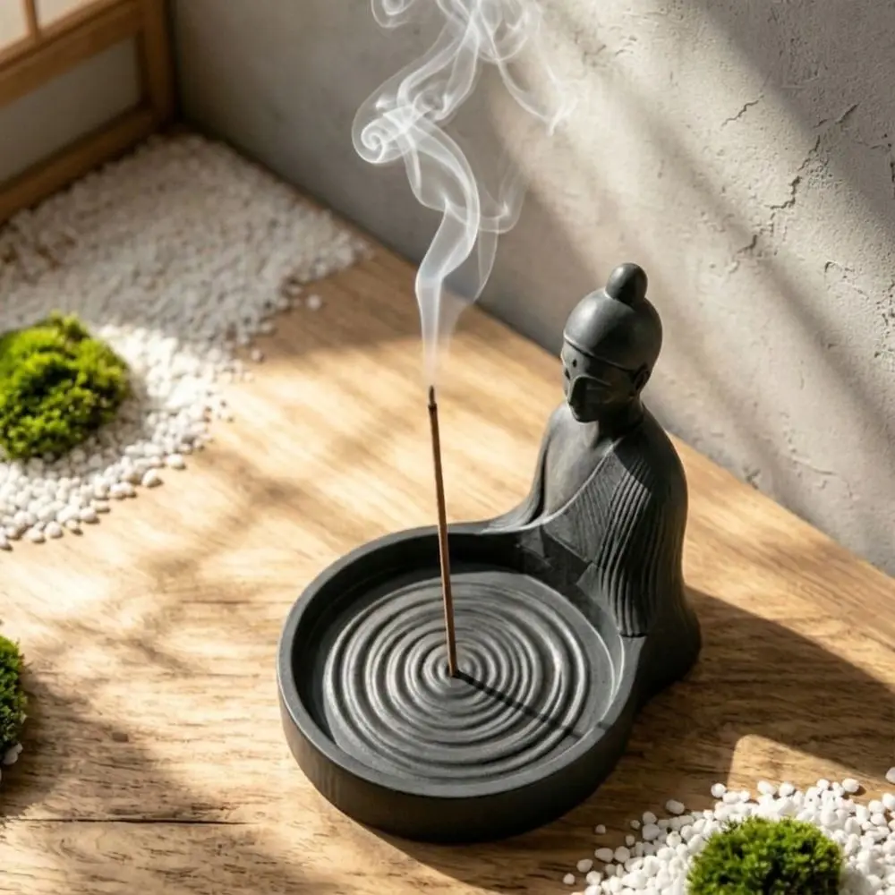 Zen Style Chinese Incense Stick Holder with Ash‑Catching Simulated Tabletop Incense Stand Minimalist Meditating Monk