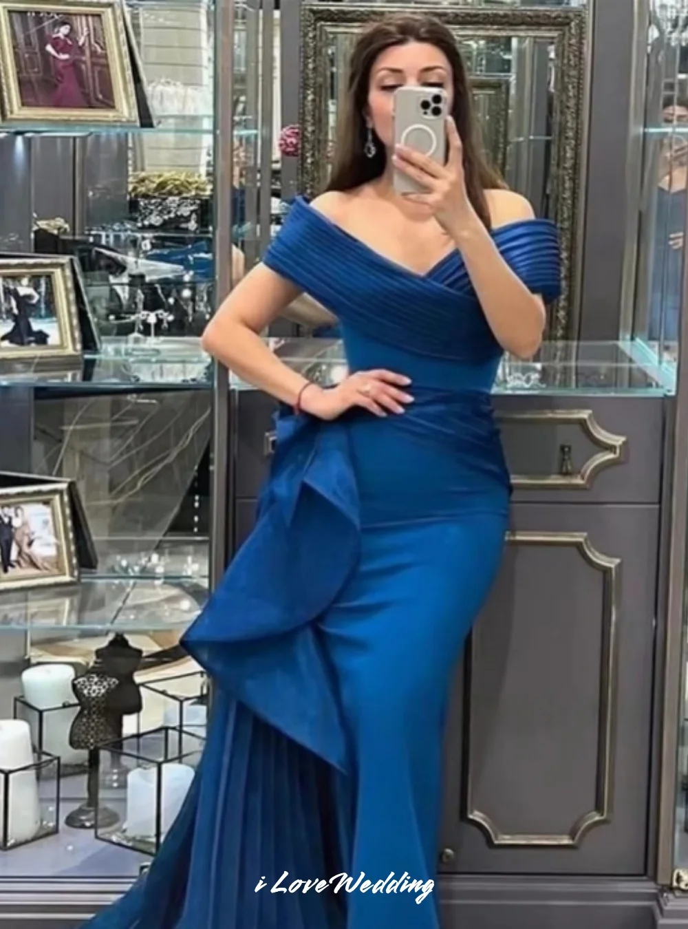 Blue Off the Shoulder Evening Dresses 2025 Satin V-Neck Belt Pleated Mermaid Floor-Length Wedding Party Dresses Customized