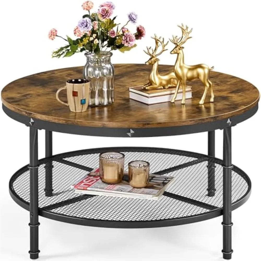 35.5 Inch Round Coffee Table?Wooden 2 Tier Circle Coffee Table for Living Room, Industrial Coffee Table Set for Small Space