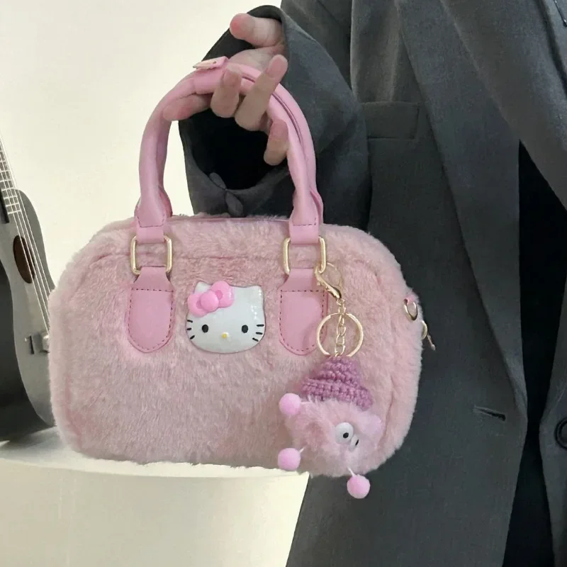 MBTI Pink Hello Kitty Womens Handbag Plush Elegant Cute Fluffy Korean Fashion Shoulder Bag Youth Ladies Designer Crossbody Bag