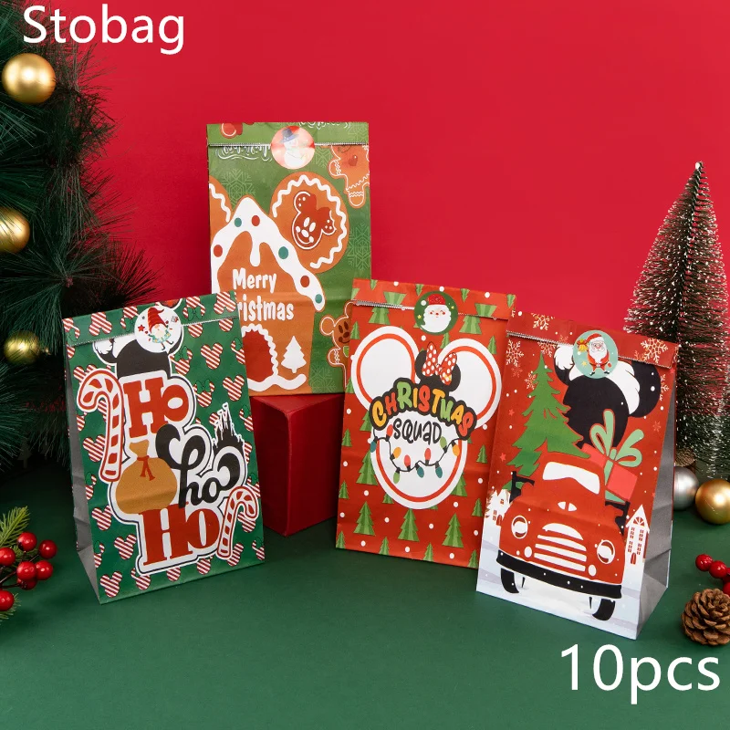 

StoBag10pcs Gift Kraft Paper Bag Portable Handmade Candy Printed Snowman Christmas Santa Claus Kids Holiday Happy Year Party