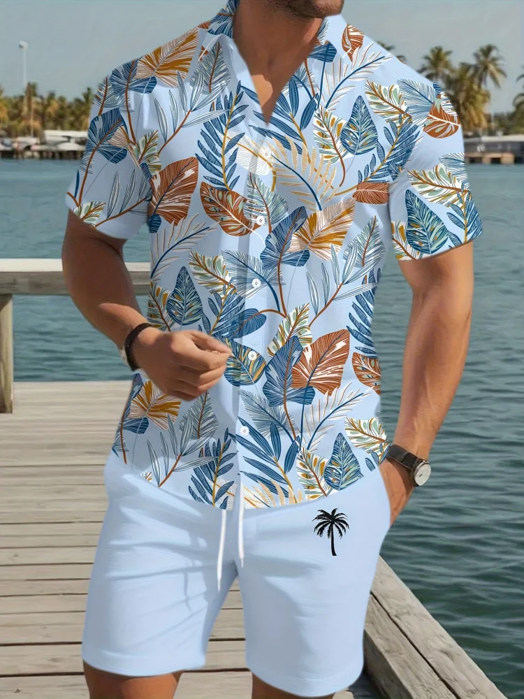 

2026 New Men's Two Piece Outfit Tropical Leaves Short Sleeve Lapel Shirt and Elastic Waist Shorts Set Vacation Outfits Beachwear