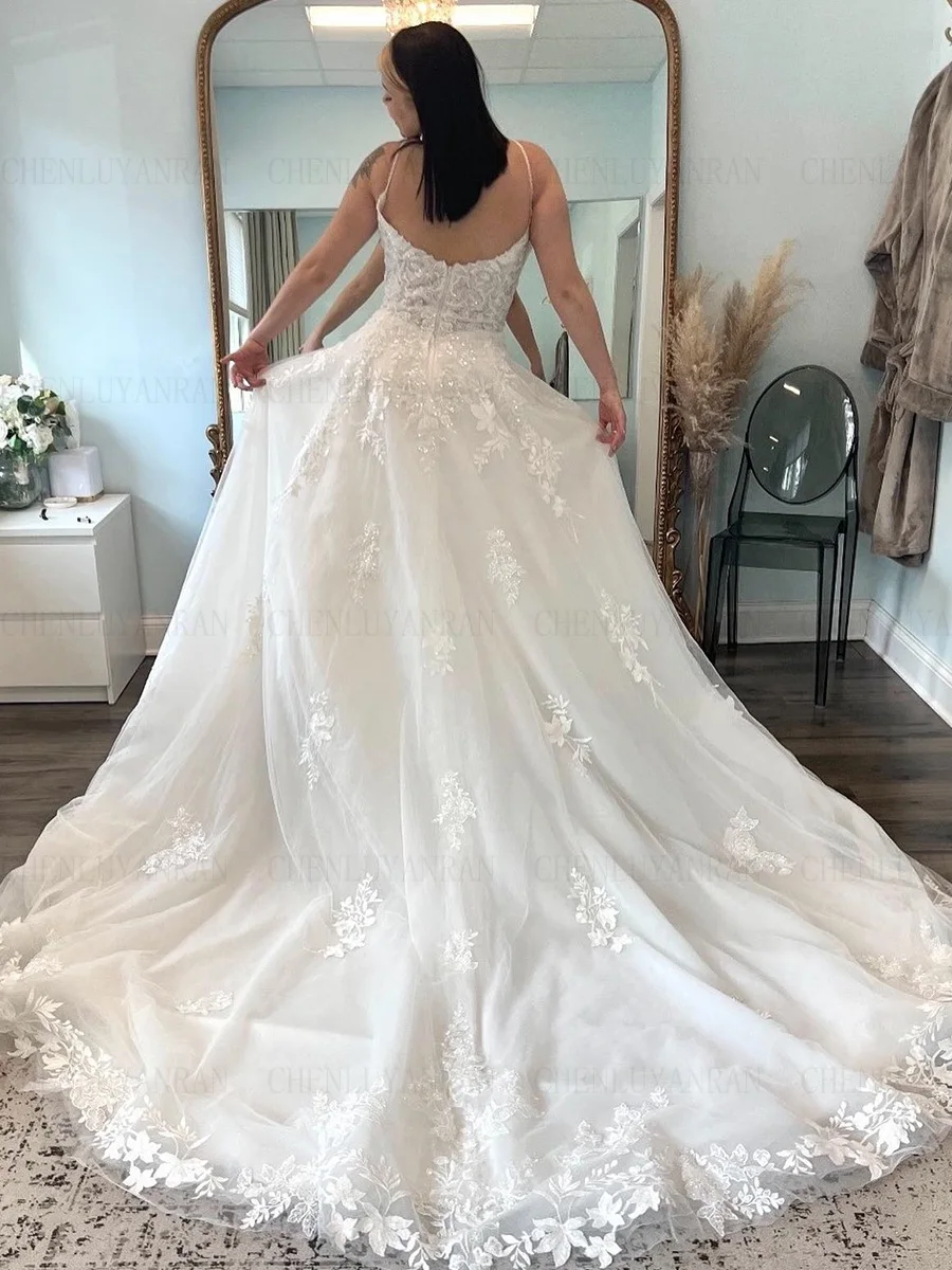 Vestidos de casamento aplique Bohemia para mulheres, cinta de espaguete, pescoço O, vestidos de noiva longos, moda A, vestido sexy, 2023