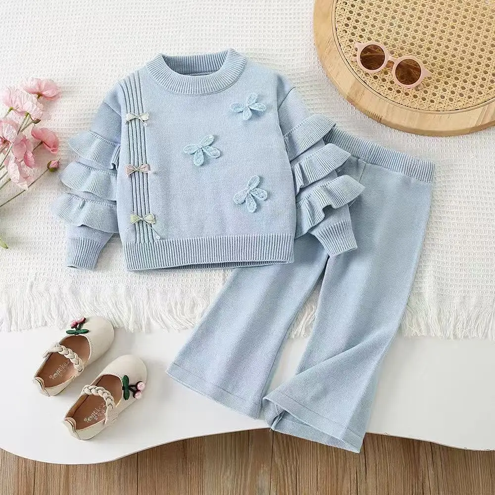 Korean Version Solid Color Girls' Two Piece Set Autumn/Winter New Toddler Girl Clothes Bow Knitted Long Sleeve Sweater + Pants