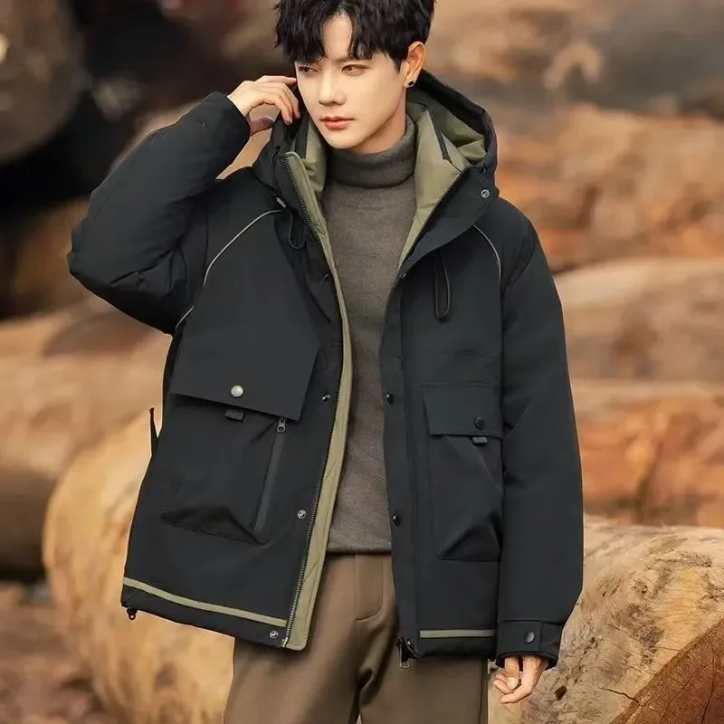Jaket Musim Dingin Pria Berkerudung Hangat Bulu Angsa Putih Mantel Bulu Angsa Mewah Saku Lengan Panjang Tahan Angin Pakaian Luar Berkualitas Tinggi Atasan