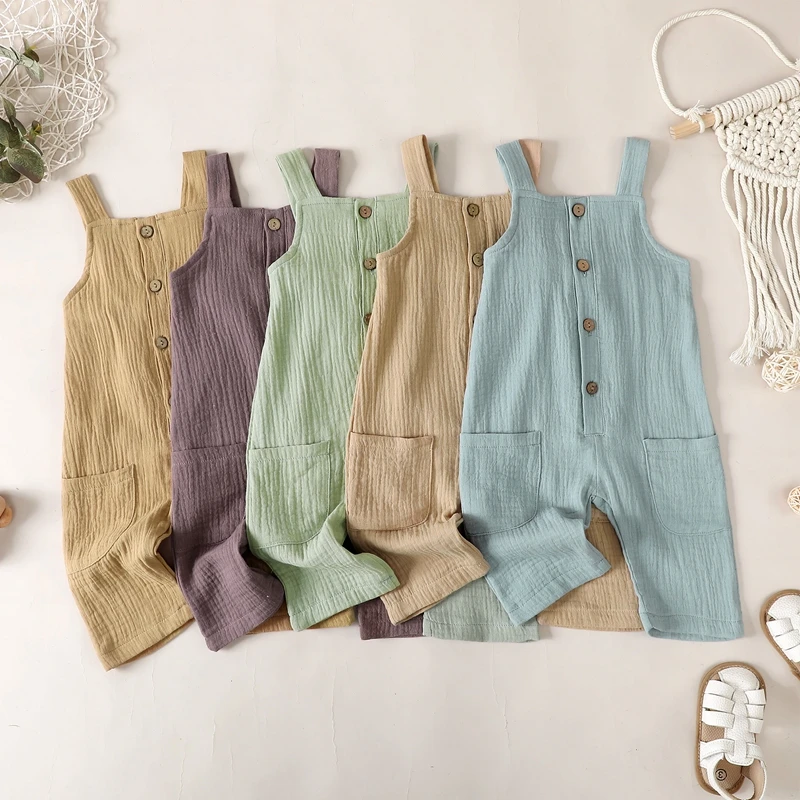 

Toddler Girls Boys Romper Solid Color Pocket Buttons Straps Sleeveless Jumpsuits Summer Casual Clothes Bodysuits Overalls 6M-4Y