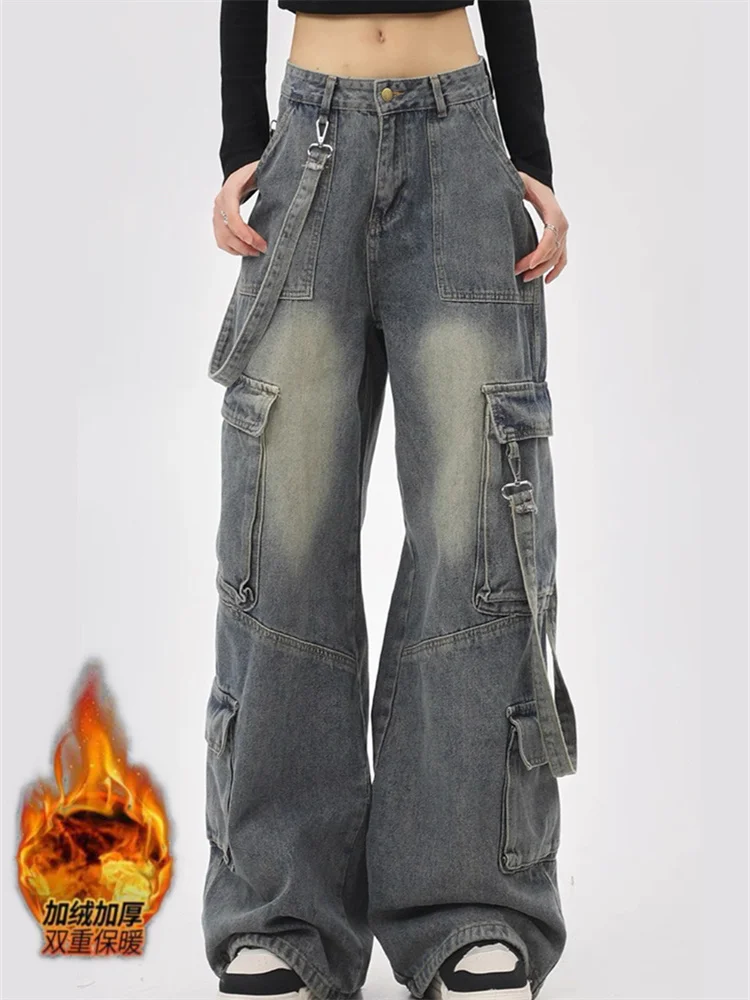 Cargo Jeans Women American Retro Distressed Multi Pocket Wide Leg Trousers Loose Straight Fit  Streetwear Winter Warm Pants