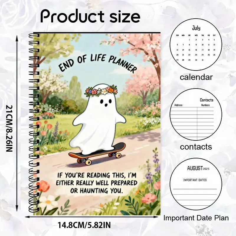 A5 Notebook Funny End Of Life Planner Ghost with Flower Crown Skateboarding   Guided Final Arrangements When I'm Gone Workbook